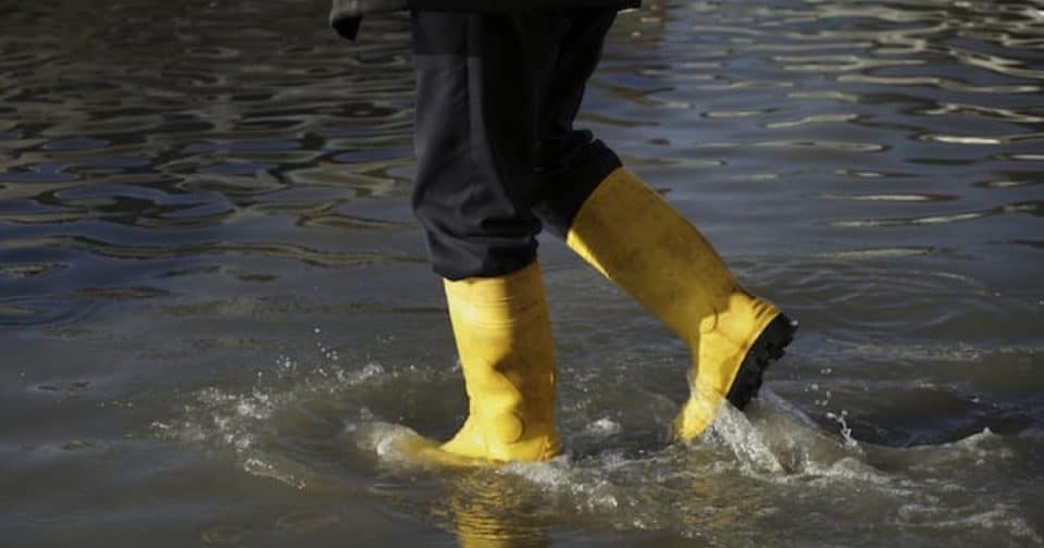 Person in yellow boots wading through floodwaters during spring.