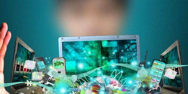 Digital transformation concept with multiple devices and data streams.