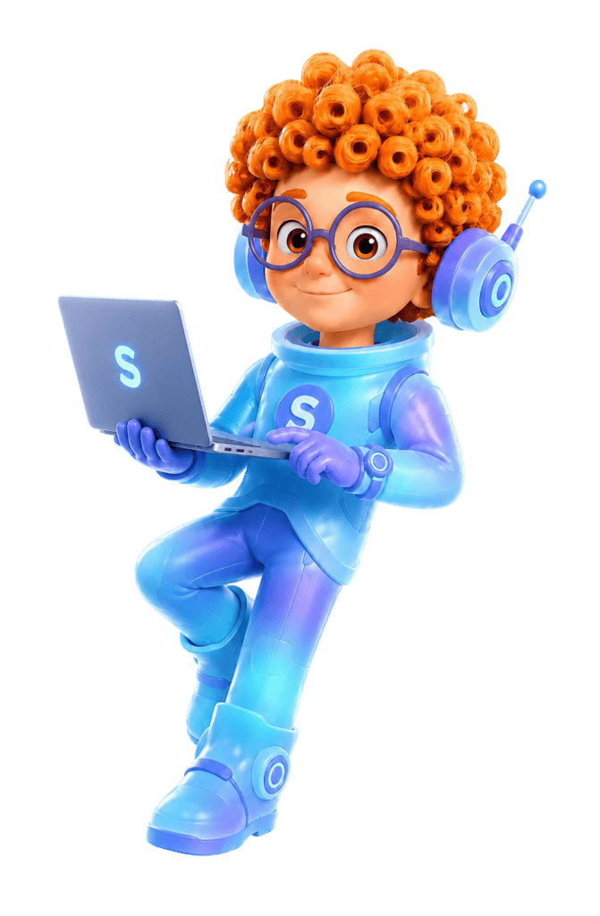 Cartoon robot with curly hair using a laptop for Whitepapers.