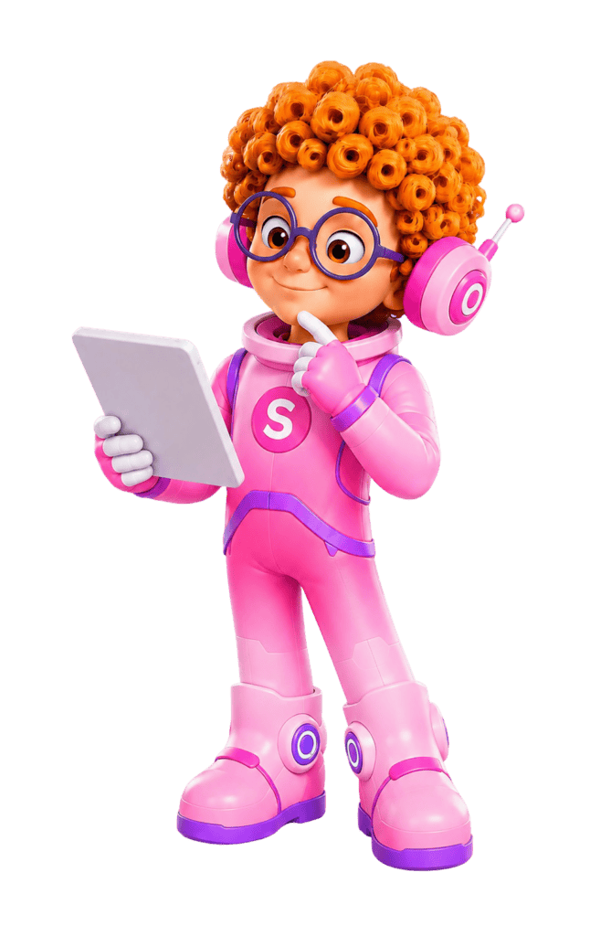 Cute robot girl with curly hair, pink suit, and headset using a tablet.